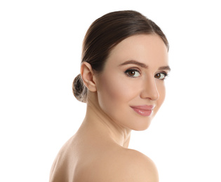 Photo of Portrait of young woman with beautiful face on white background