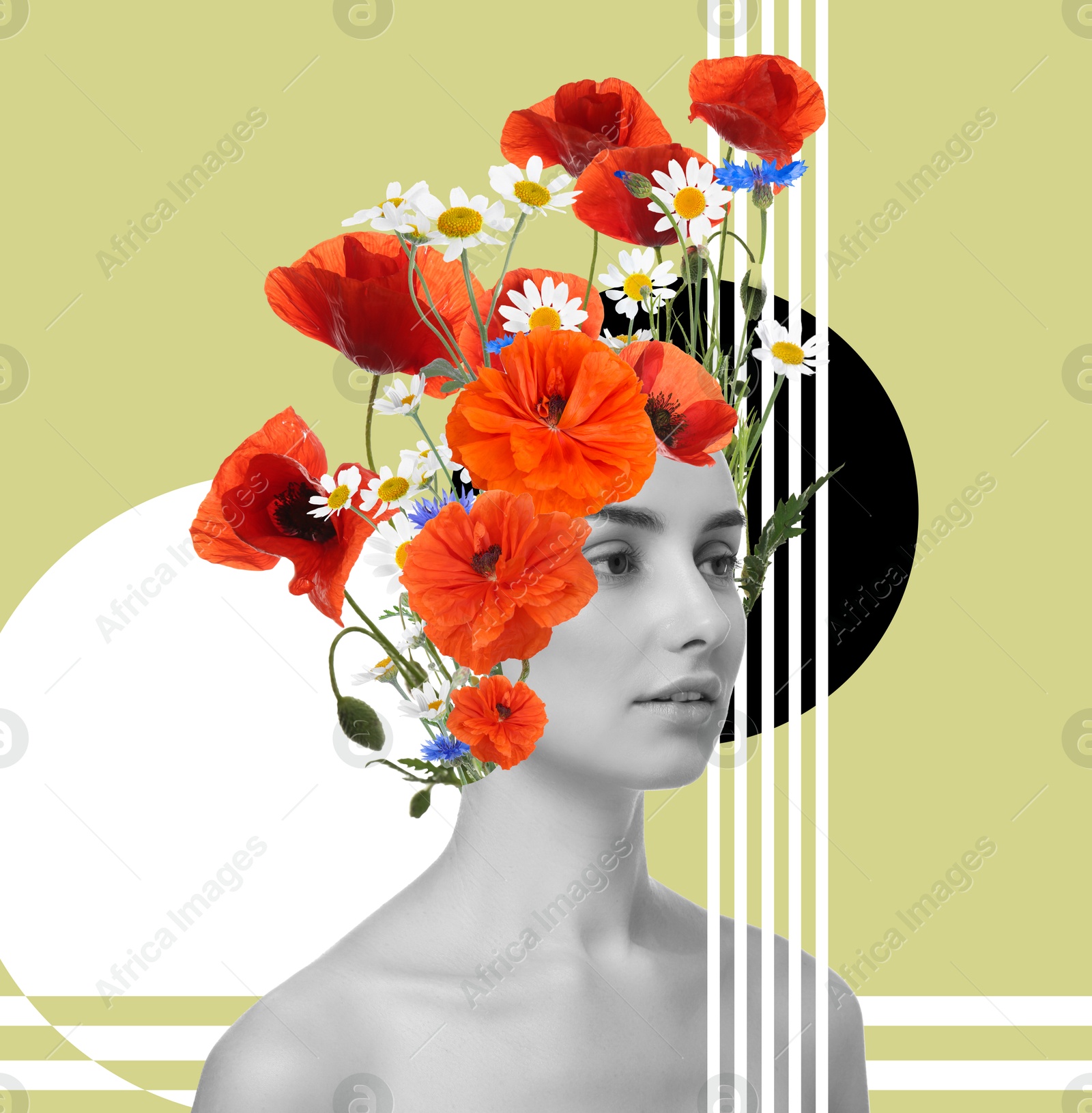 Image of Creative art collage with beautiful meadow flowers and woman on color background