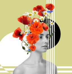 Creative art collage with beautiful meadow flowers and woman on color background