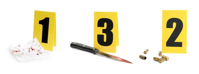 Crime scene investigation. Set of evidence identification markers and clues on white background