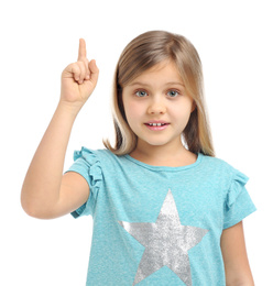 Photo of Emotional little girl wearing casual outfit on white background