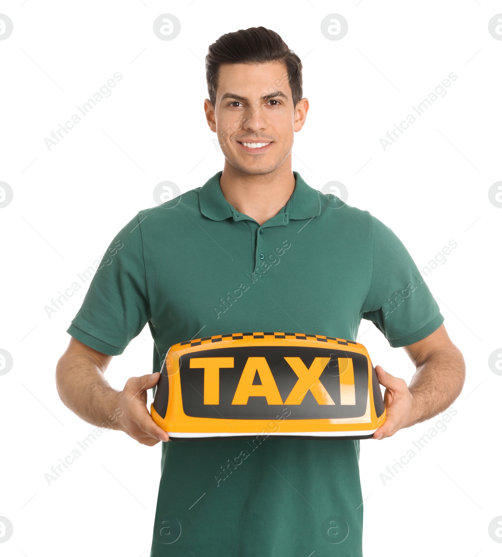 Photo of Man holding taxi sign on white background