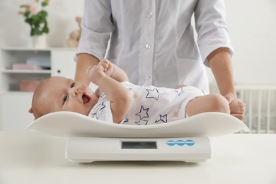 Doctor weighting baby on scales in light room