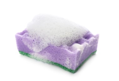 Photo of Purple cleaning sponge with foam on white background
