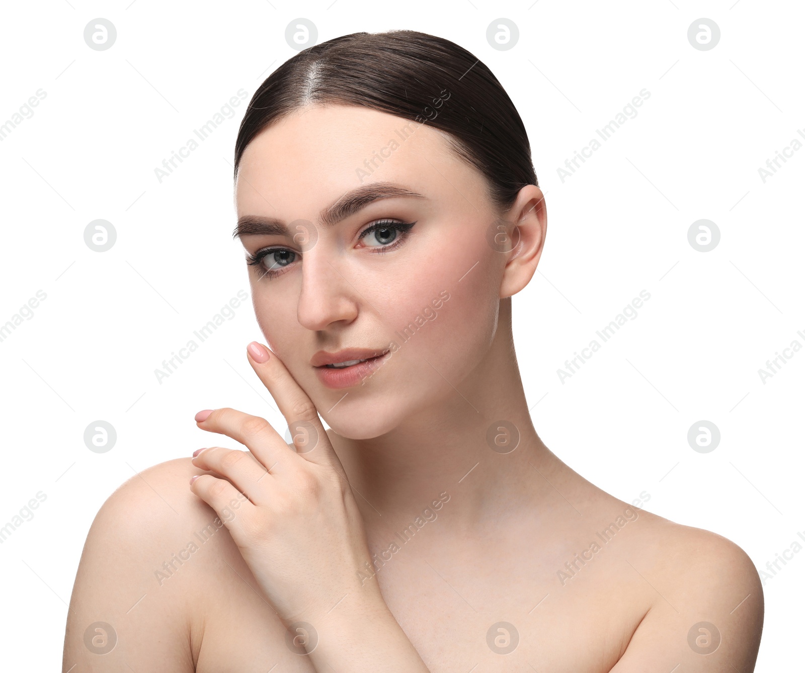 Photo of Makeup product. Woman with black eyeliner and beautiful eyebrows on white background