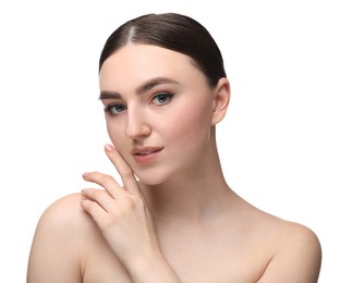 Makeup product. Woman with black eyeliner and beautiful eyebrows on white background