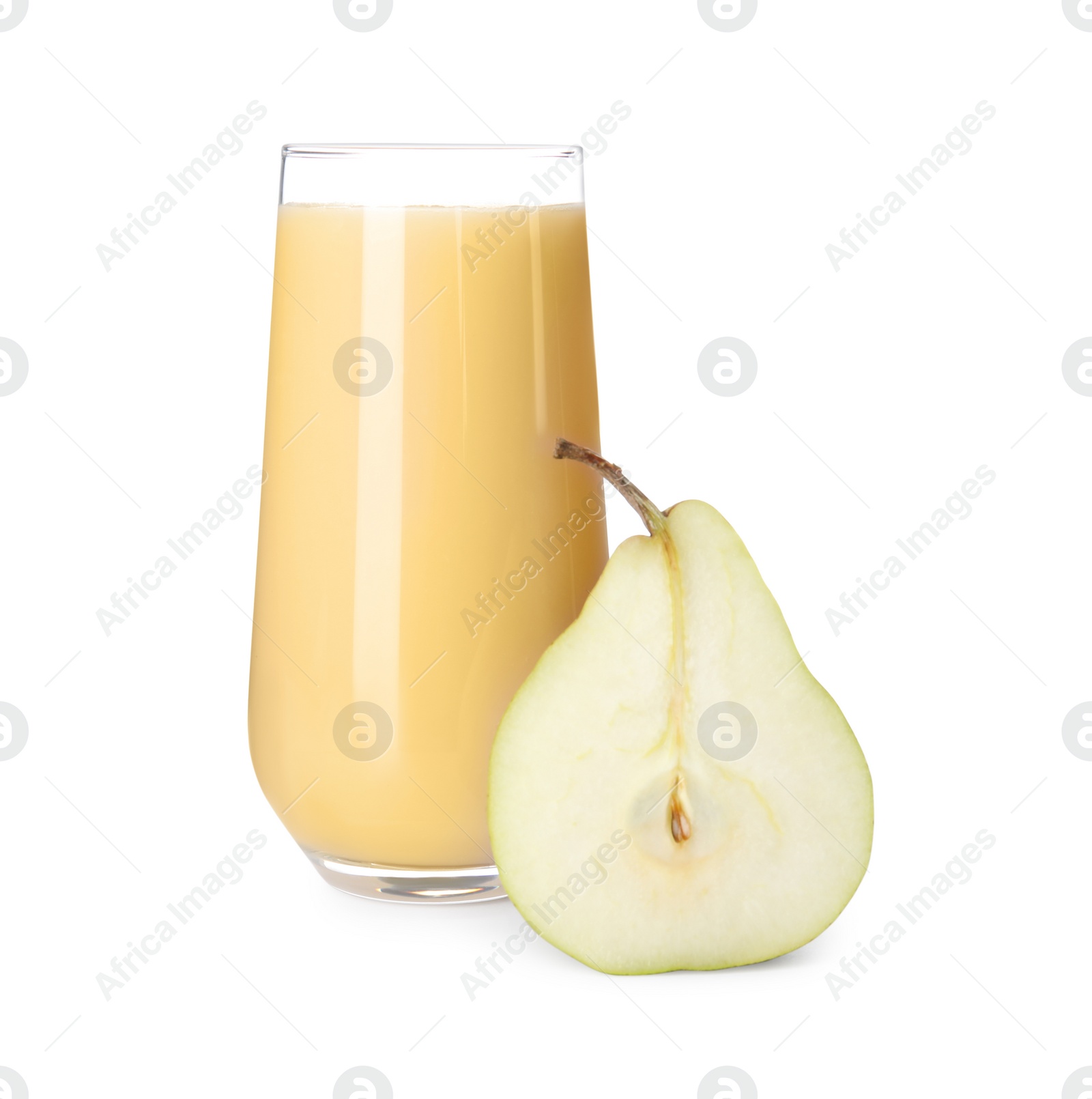 Photo of Tasty pear juice and cut fruit isolated on white