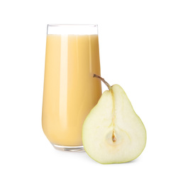 Tasty pear juice and cut fruit isolated on white