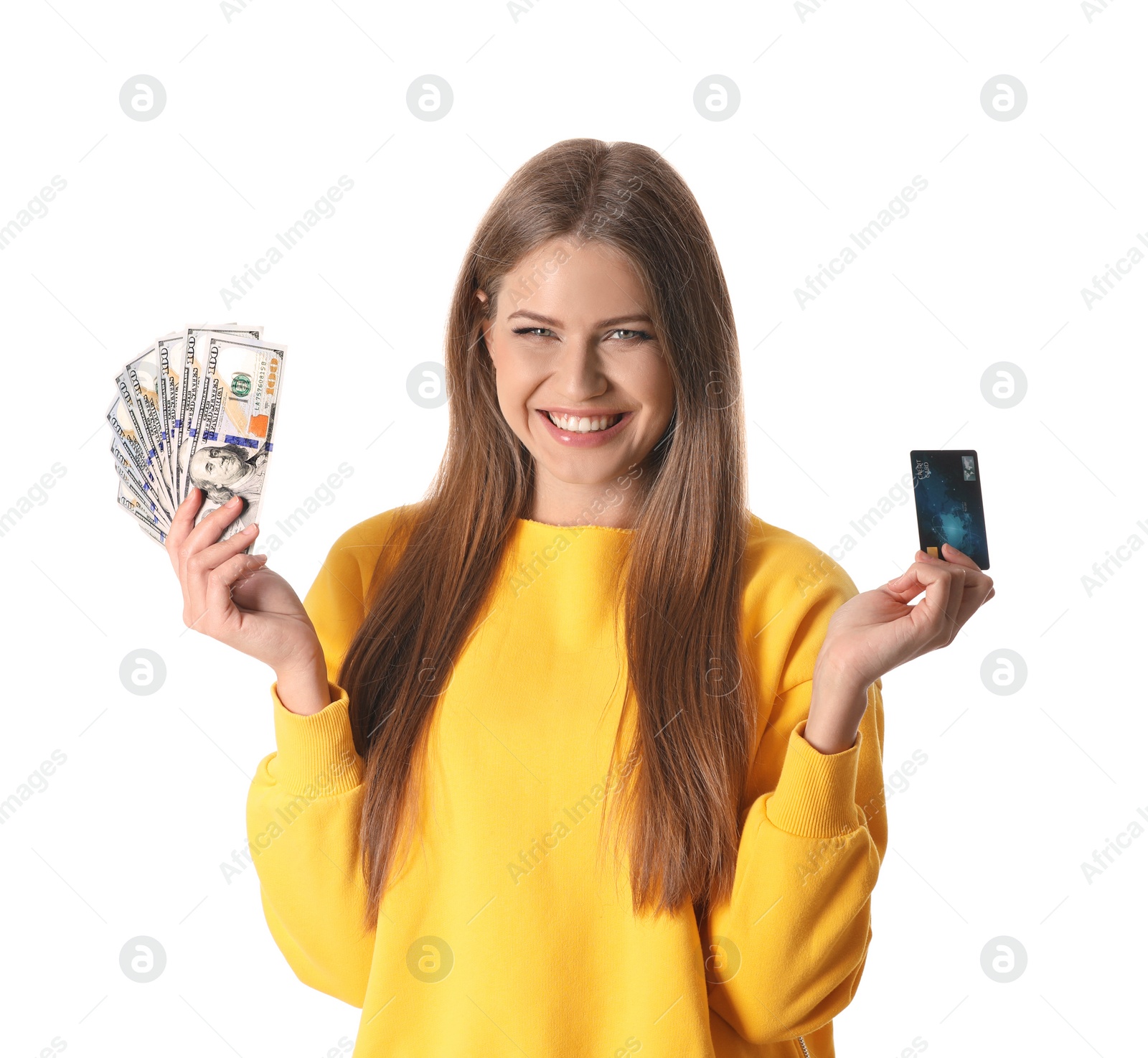 Photo of Portrait of happy young woman with money and credit card on white background