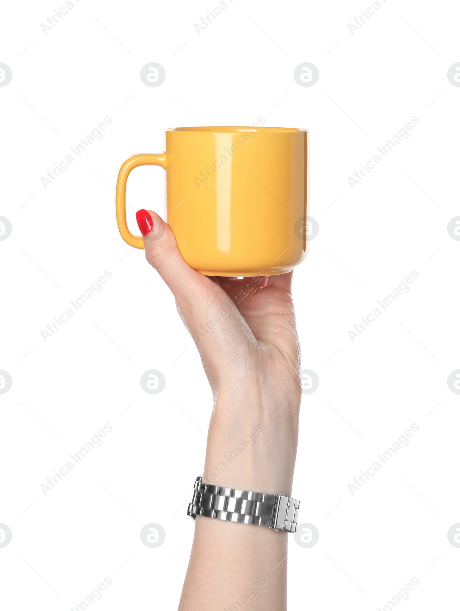 Photo of Woman holding yellow cup on white background, closeup