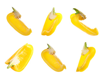 Image of Set of cut ripe yellow bell peppers on white background