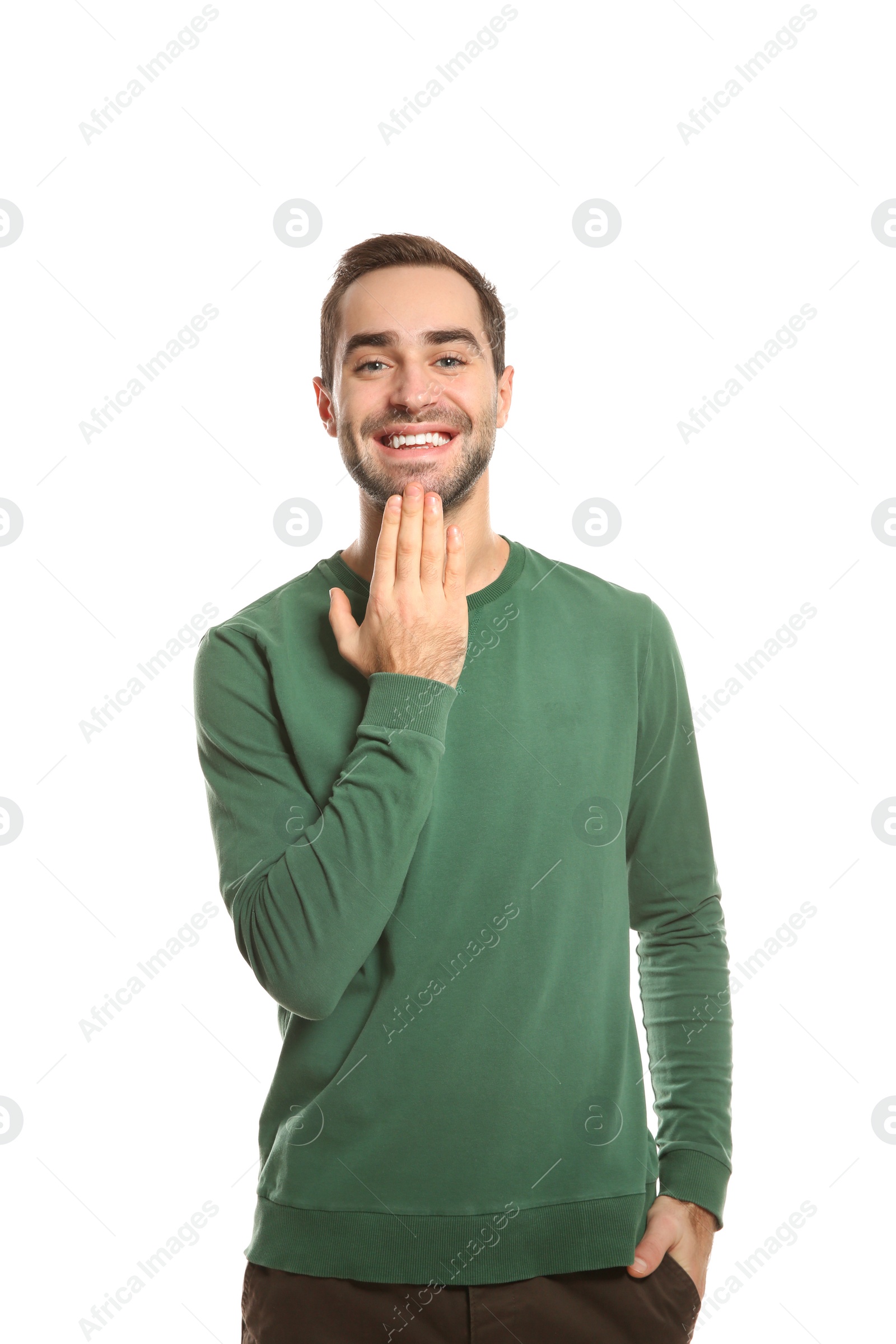 Photo of Man showing THANK YOU gesture in sign language on white background