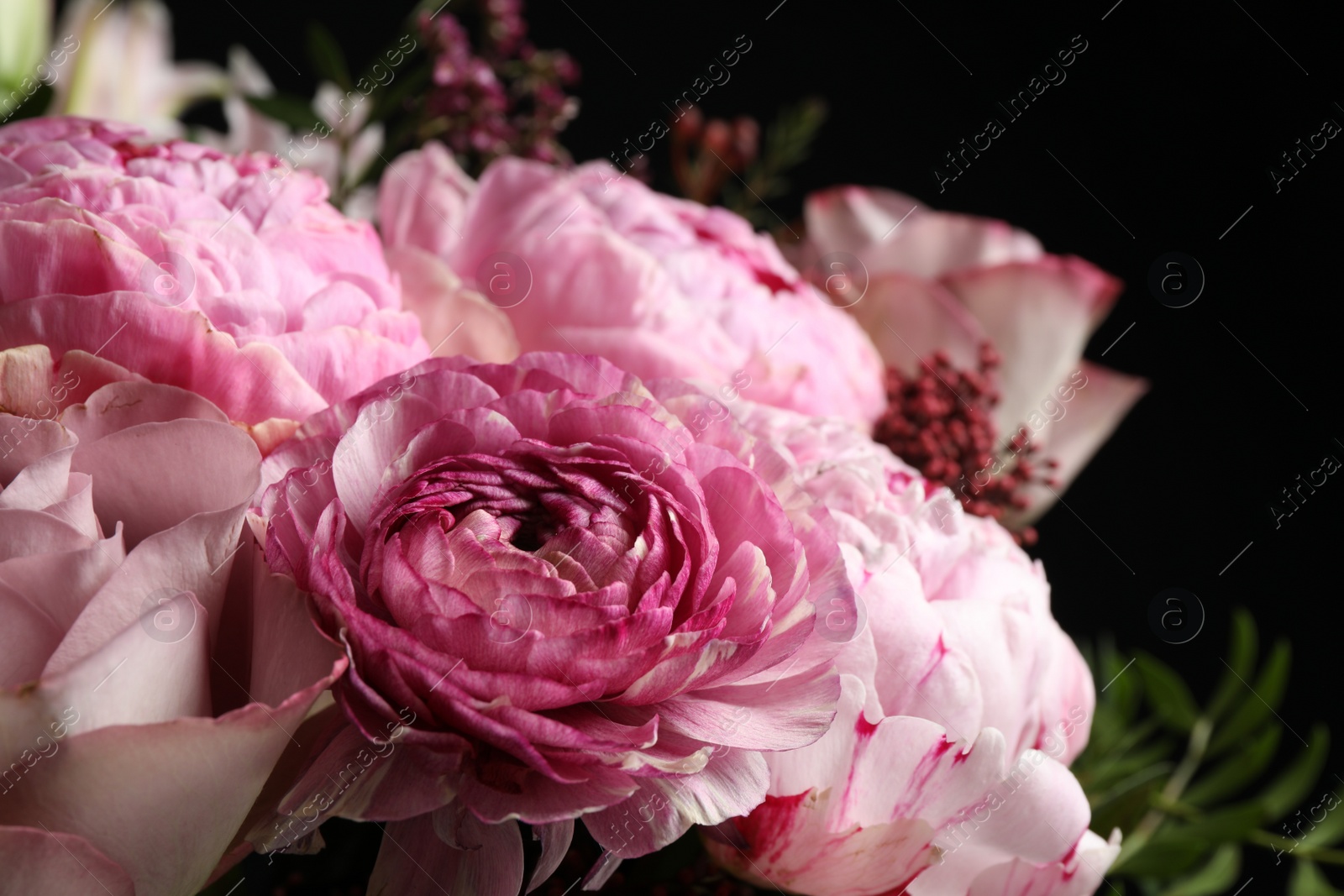 Photo of Beautiful bouquet of different flowers on dark background, closeup