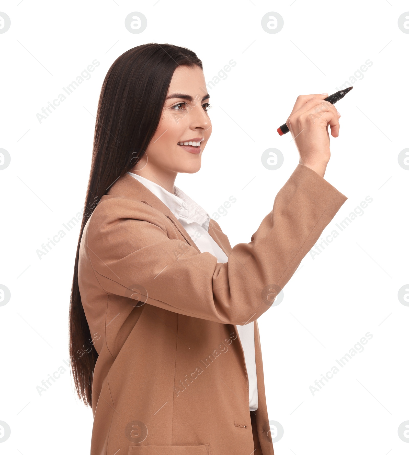 Photo of Beautiful businesswoman with marker on white background