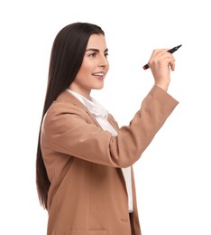 Beautiful businesswoman with marker on white background