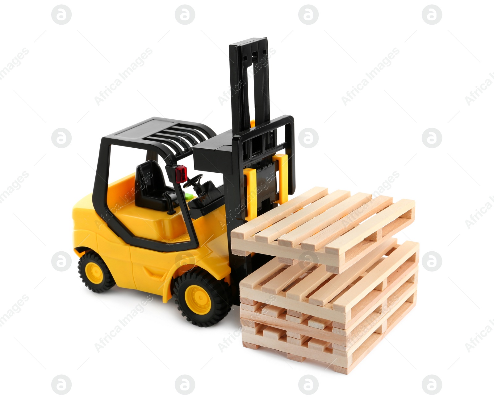 Photo of Toy forklift truck with wooden pallets on white background