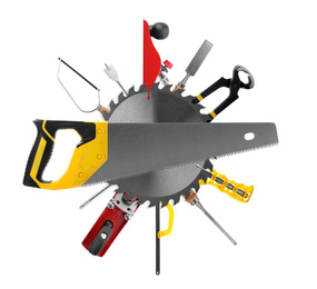 Image of Collage with different modern carpenter's tools on white background