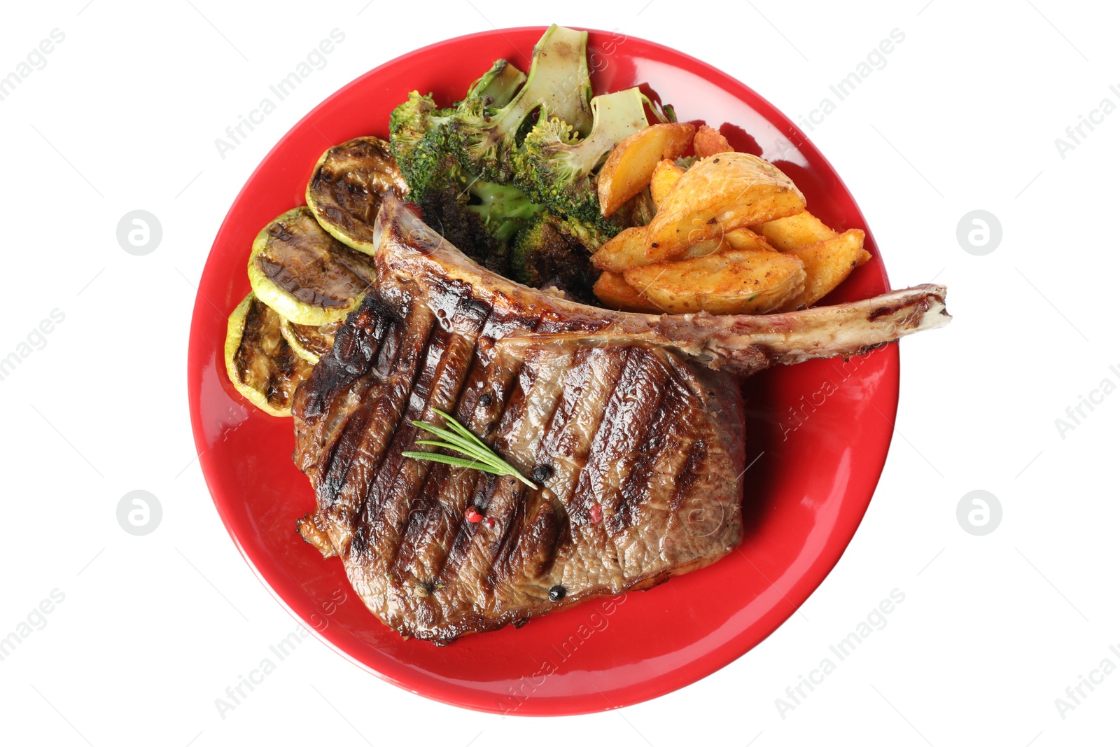 Photo of Delicious beef steak isolated with garnish on white, top view