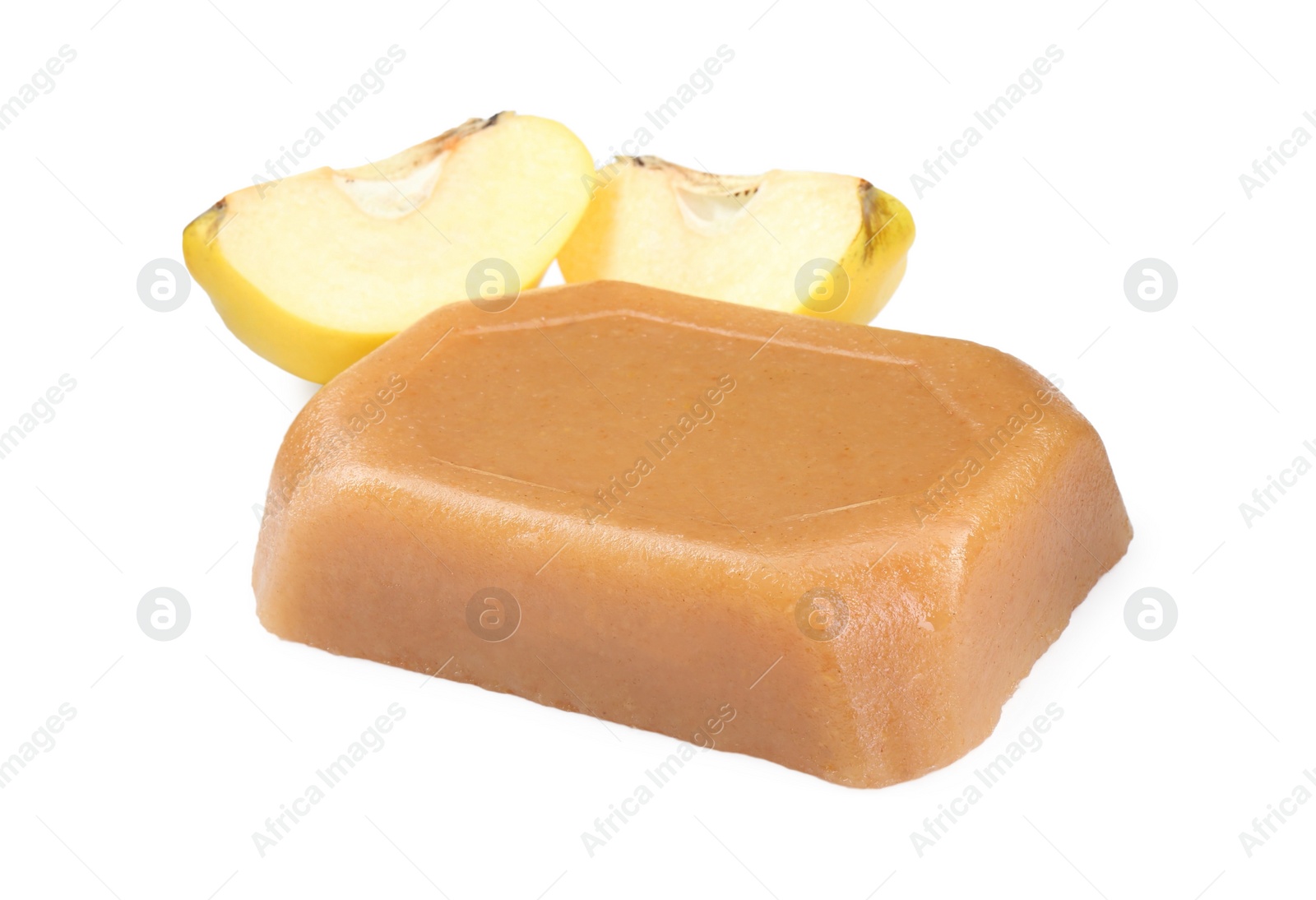 Photo of Delicious sweet quince paste and fresh cut fruit isolated on white