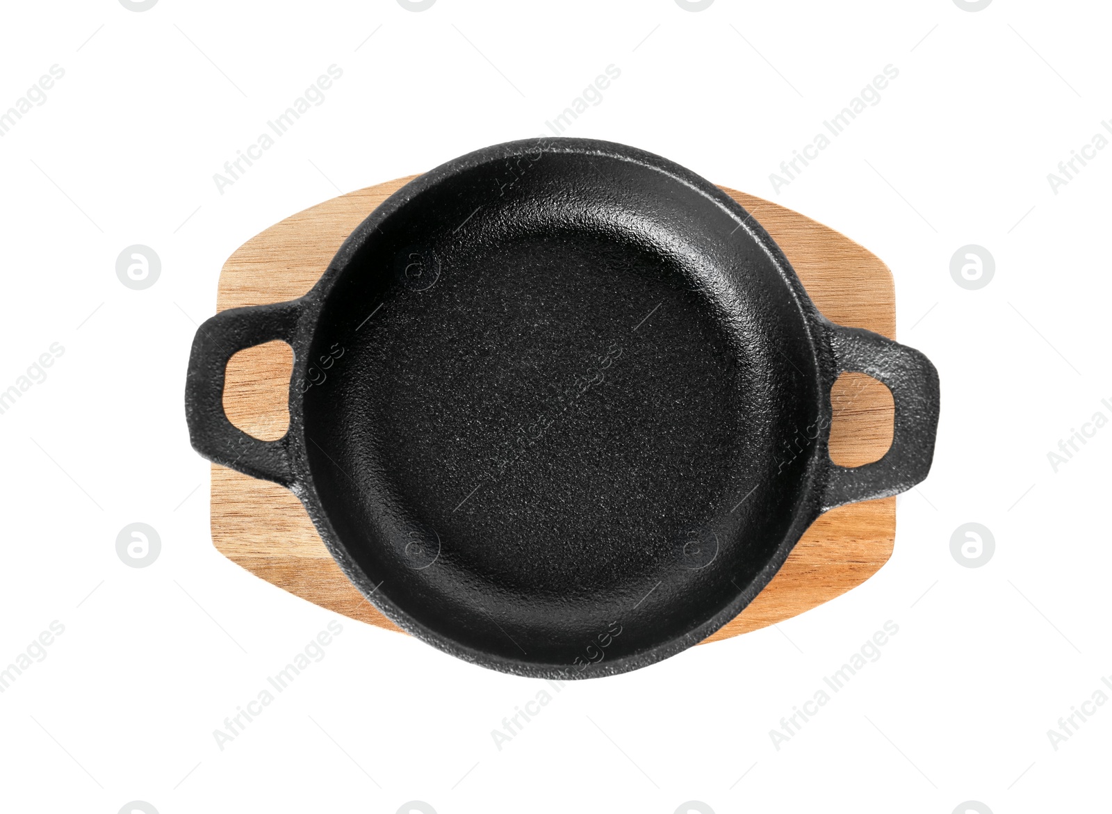 Photo of Frying pan and wooden board isolated on white, top view. Cooking utensils