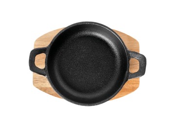 Frying pan and wooden board isolated on white, top view. Cooking utensils