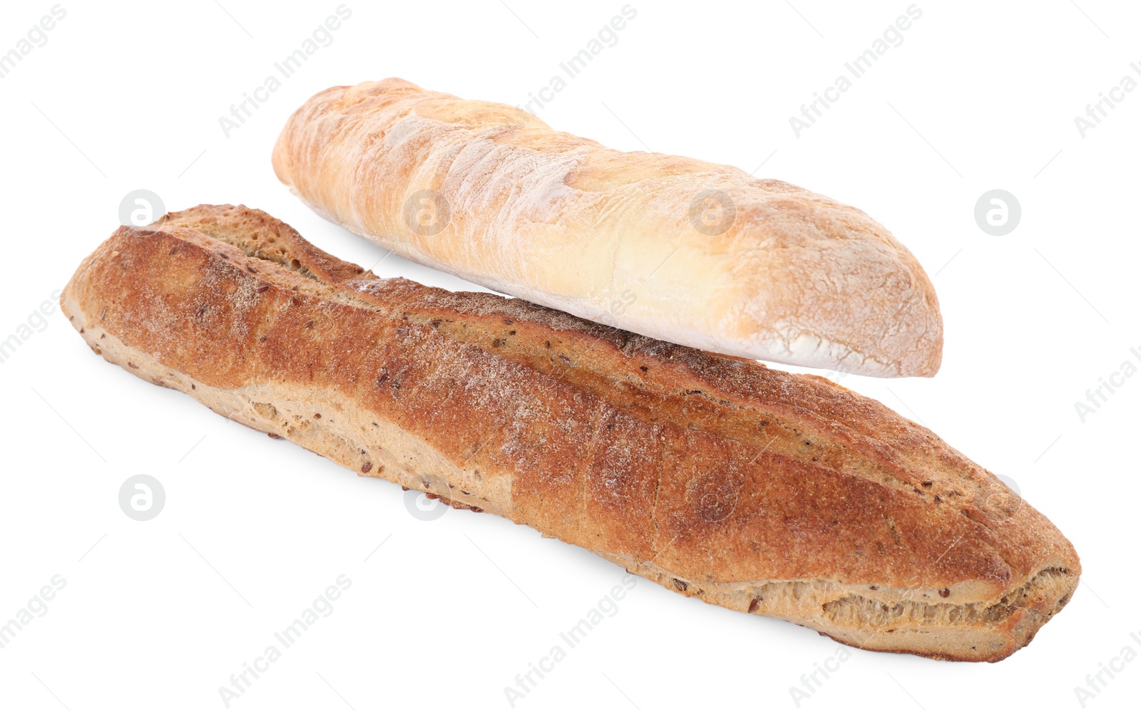 Photo of Different tasty baguettes on white background. Fresh bread