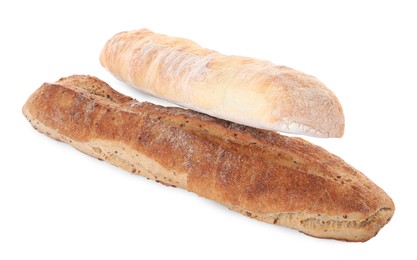 Photo of Different tasty baguettes on white background. Fresh bread