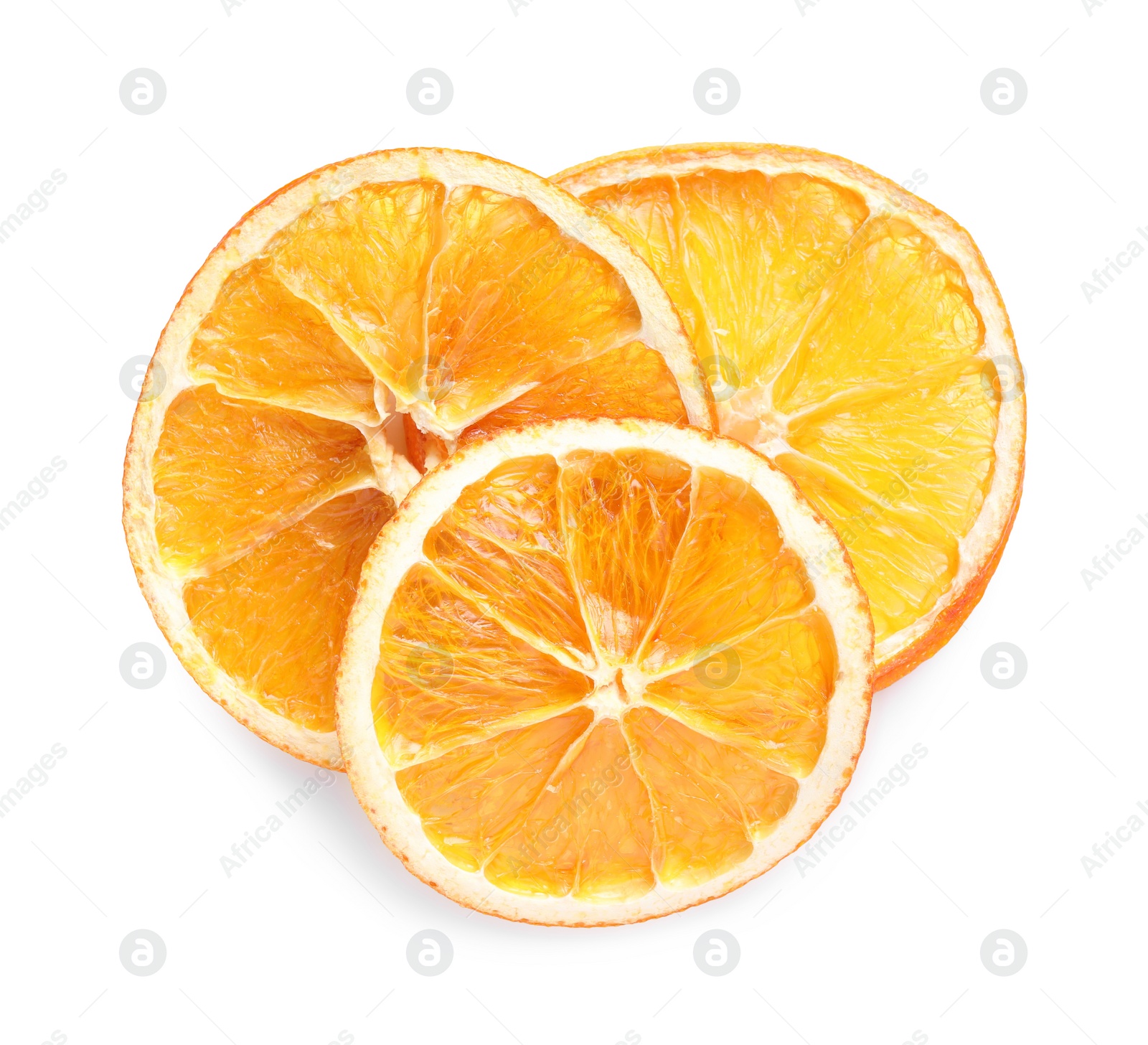 Delicious dry orange slices on white background, top view Photo of Delicious dry orange slices on white background, top view