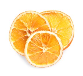 Photo of Delicious dry orange slices on white background, top view
