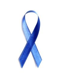 Blue ribbon on white background, top view. Cancer awareness