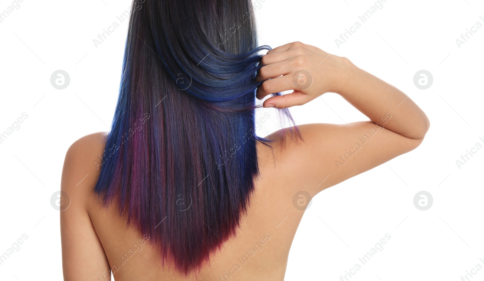 Photo of Young woman with bright dyed hair on white background, back view. Closeup