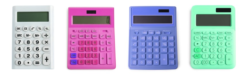 Image of Set with different calculators on white background, top view. Banner design