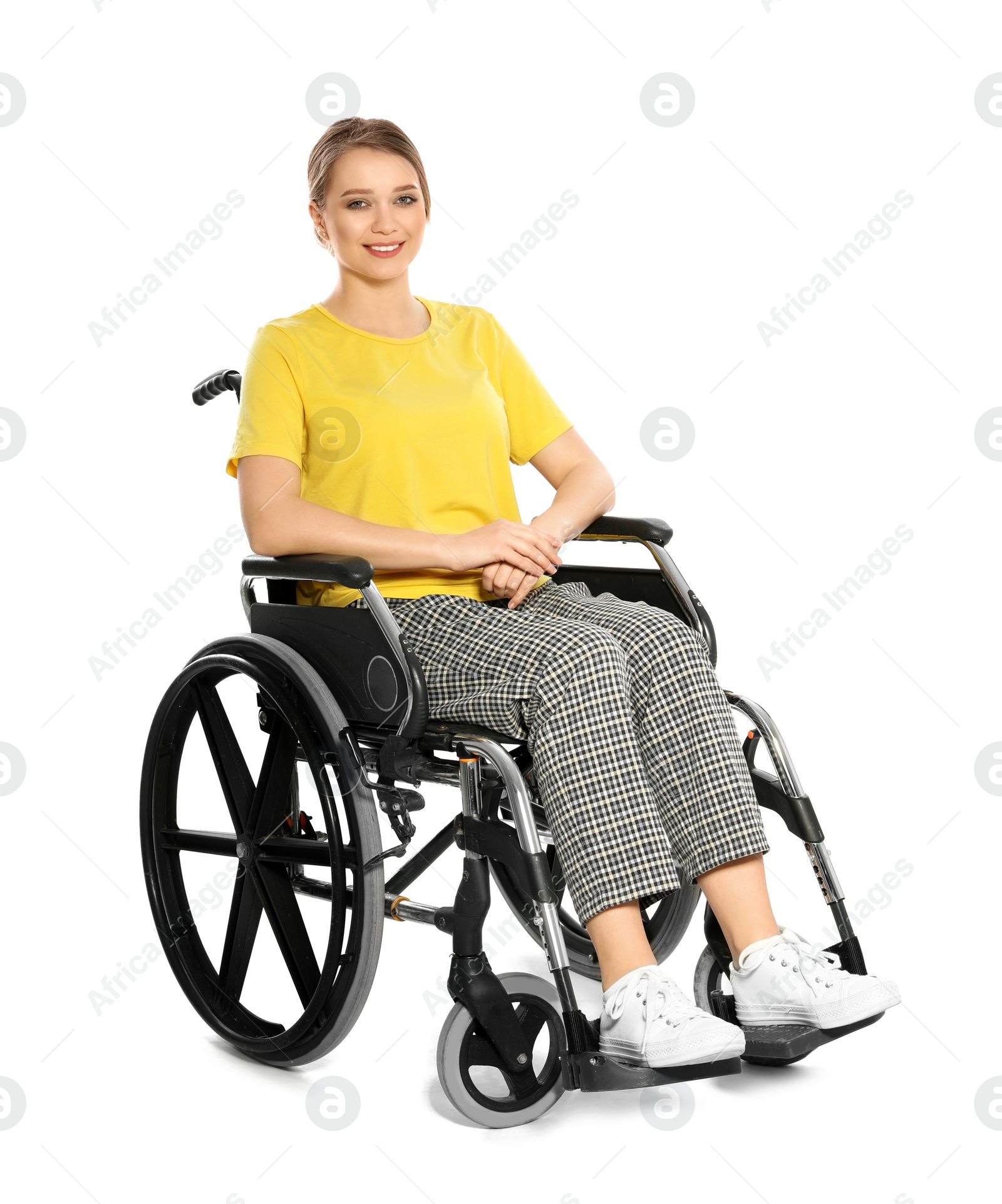 Photo of Portrait of beautiful woman in wheelchair isolated on white