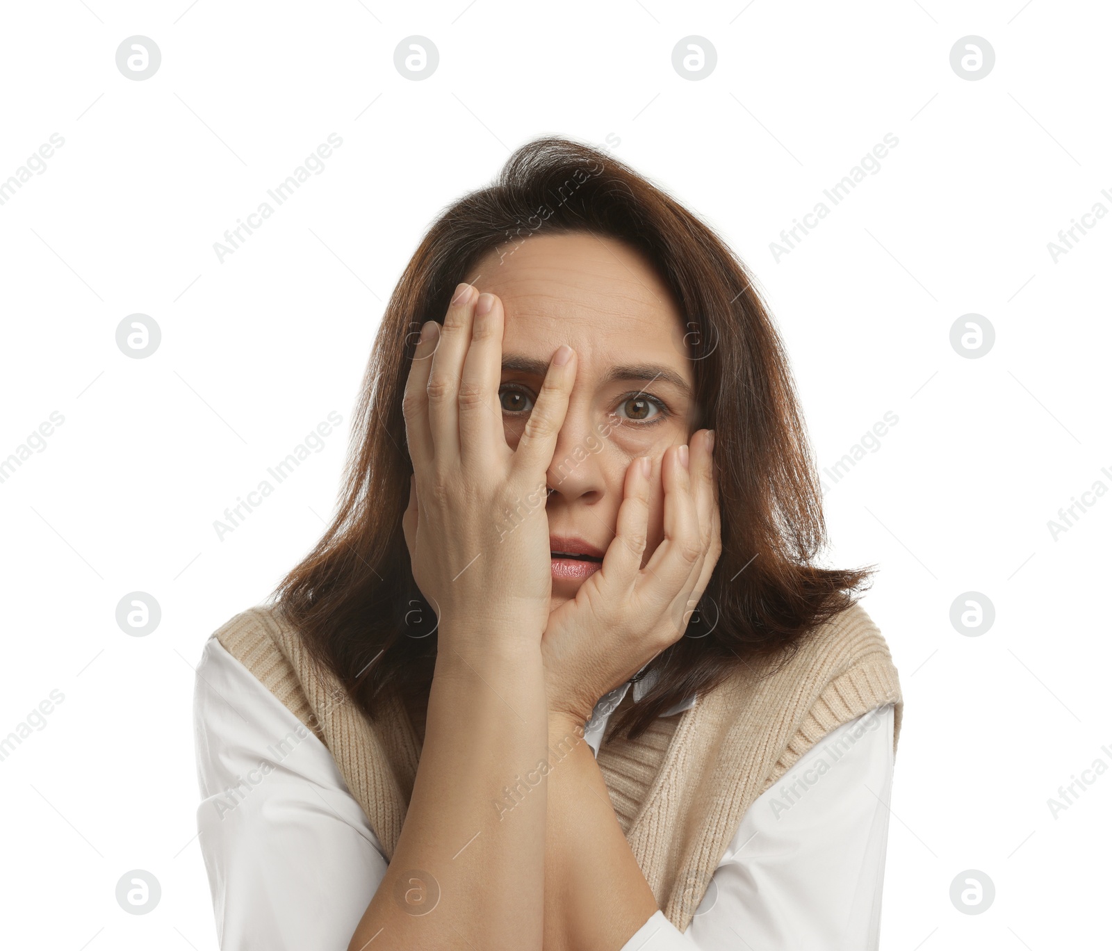 Photo of Mature woman feeling fear on white background