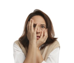 Photo of Mature woman feeling fear on white background