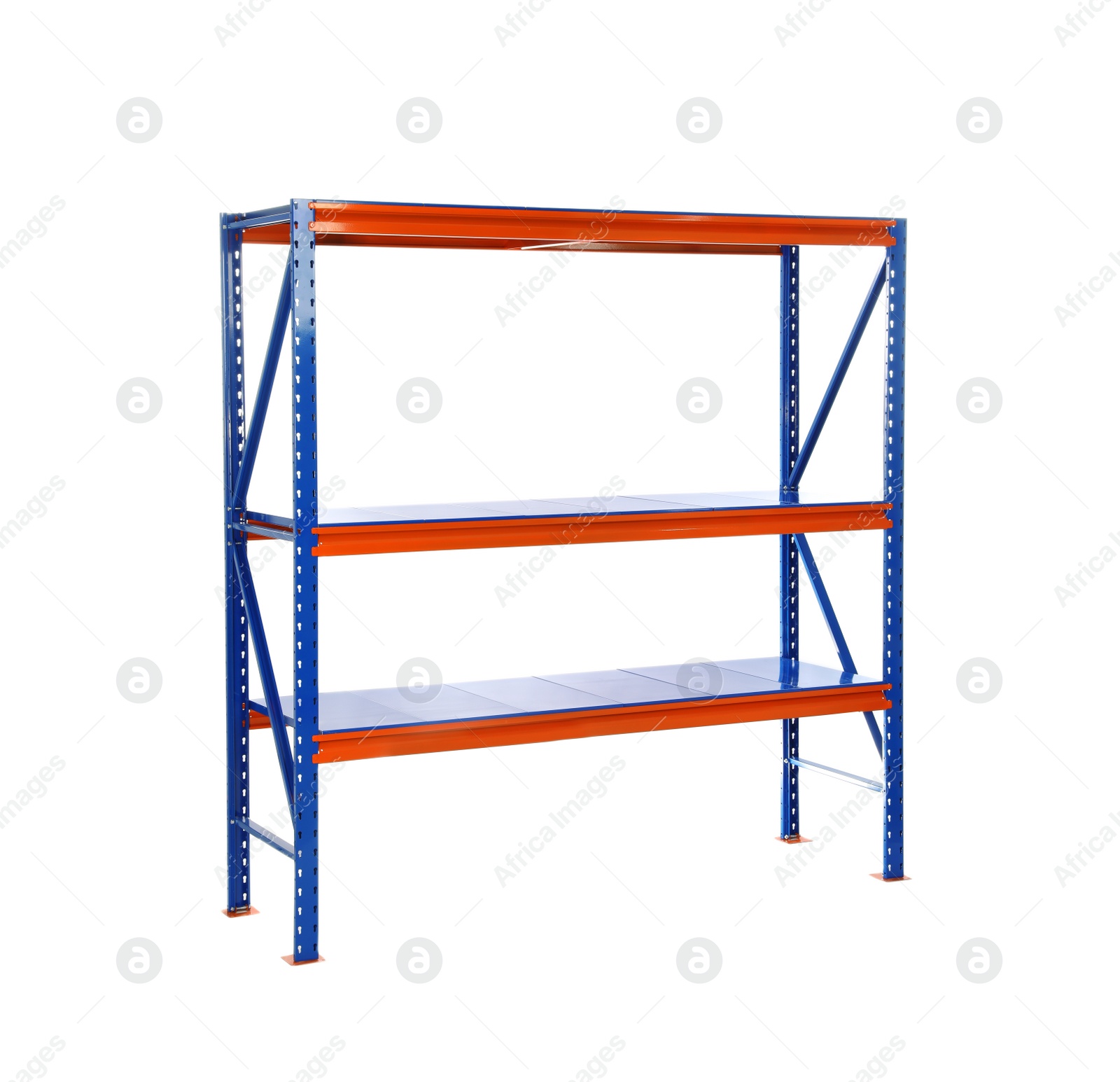 Photo of Empty metal shelving unit isolated on white