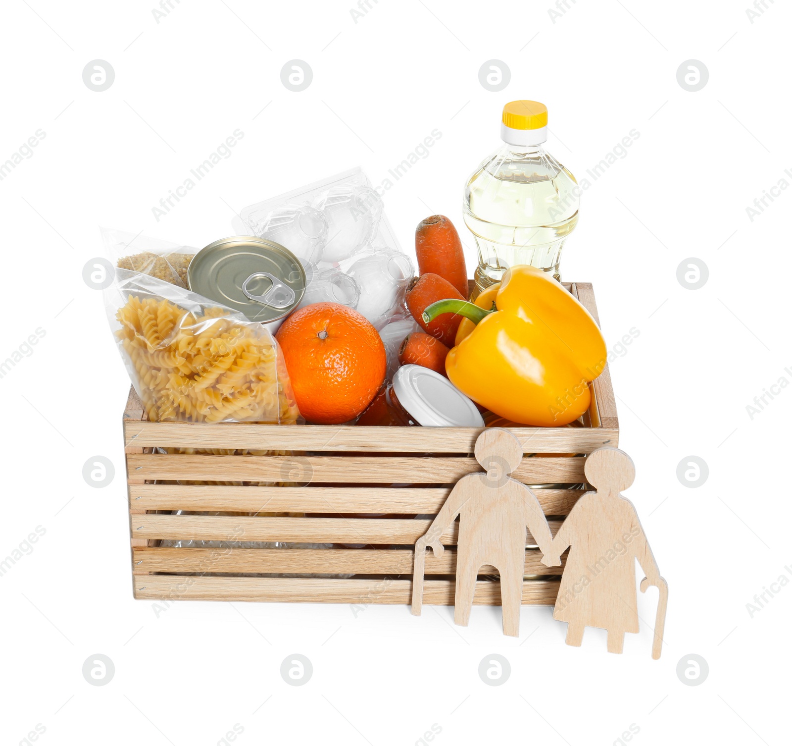 Photo of Humanitarian aid for elderly people. Wooden crate with donation food and figures of couple isolated on white