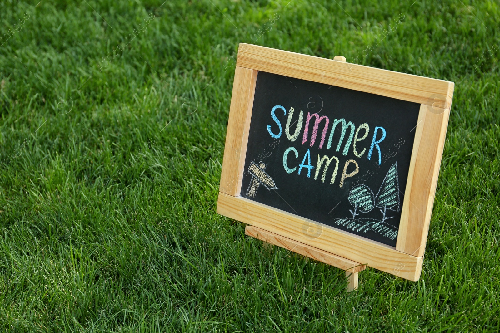 Photo of Blackboard with text SUMMER CAMP and drawings on green grass. Space for text