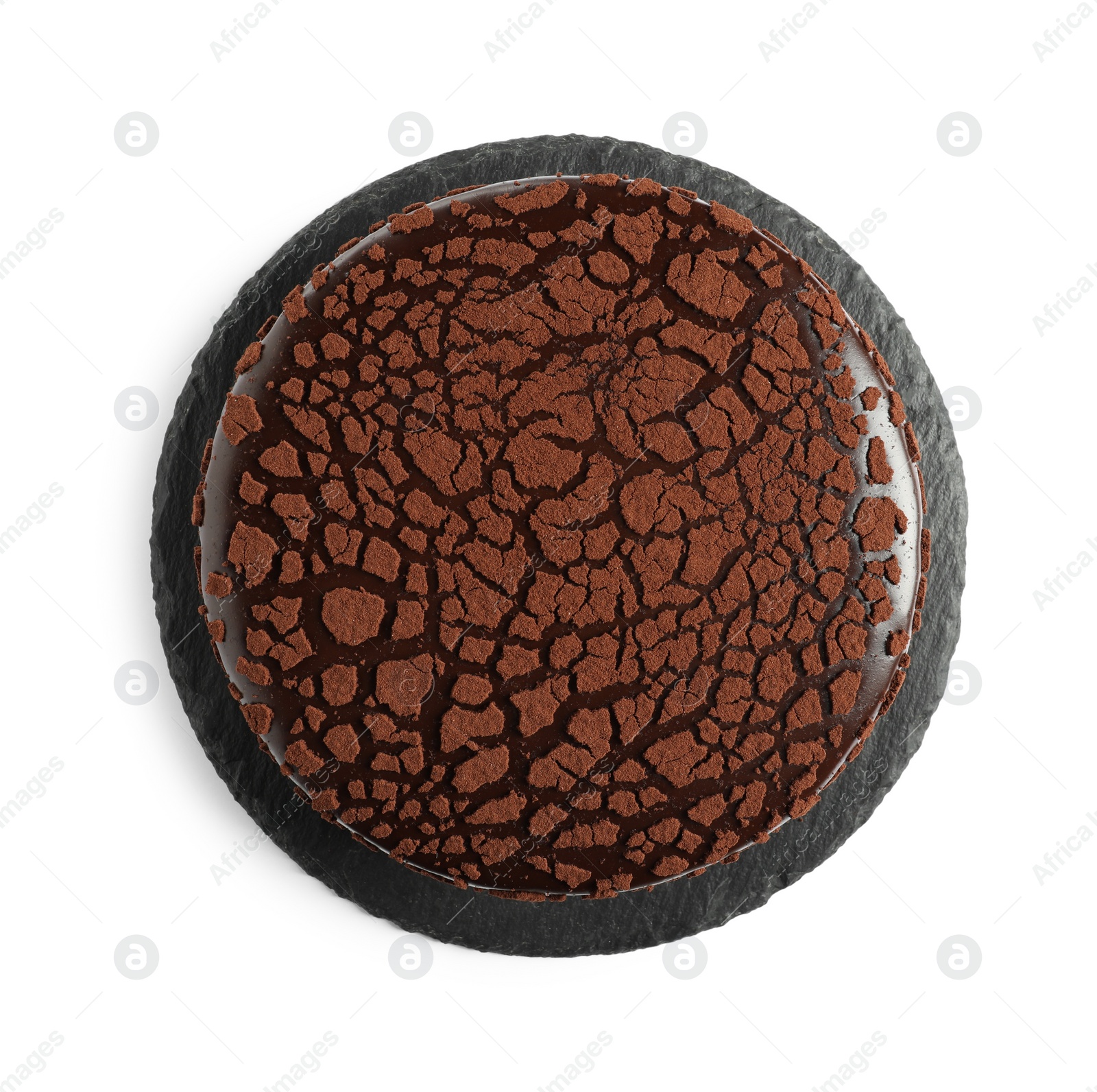 Photo of Delicious chocolate truffle cake isolated on white, top view