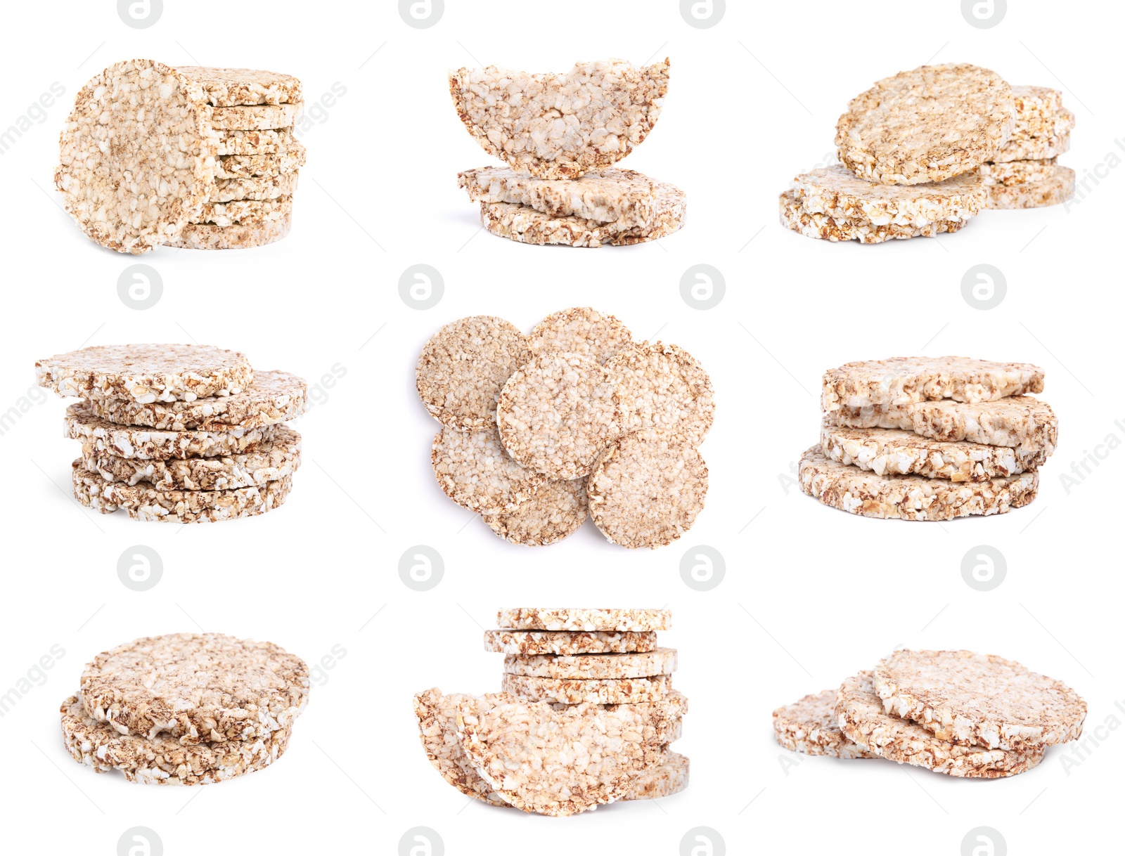 Image of Set with tasty crunchy puffed cakes on white background