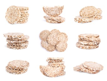 Image of Set with tasty crunchy puffed cakes on white background