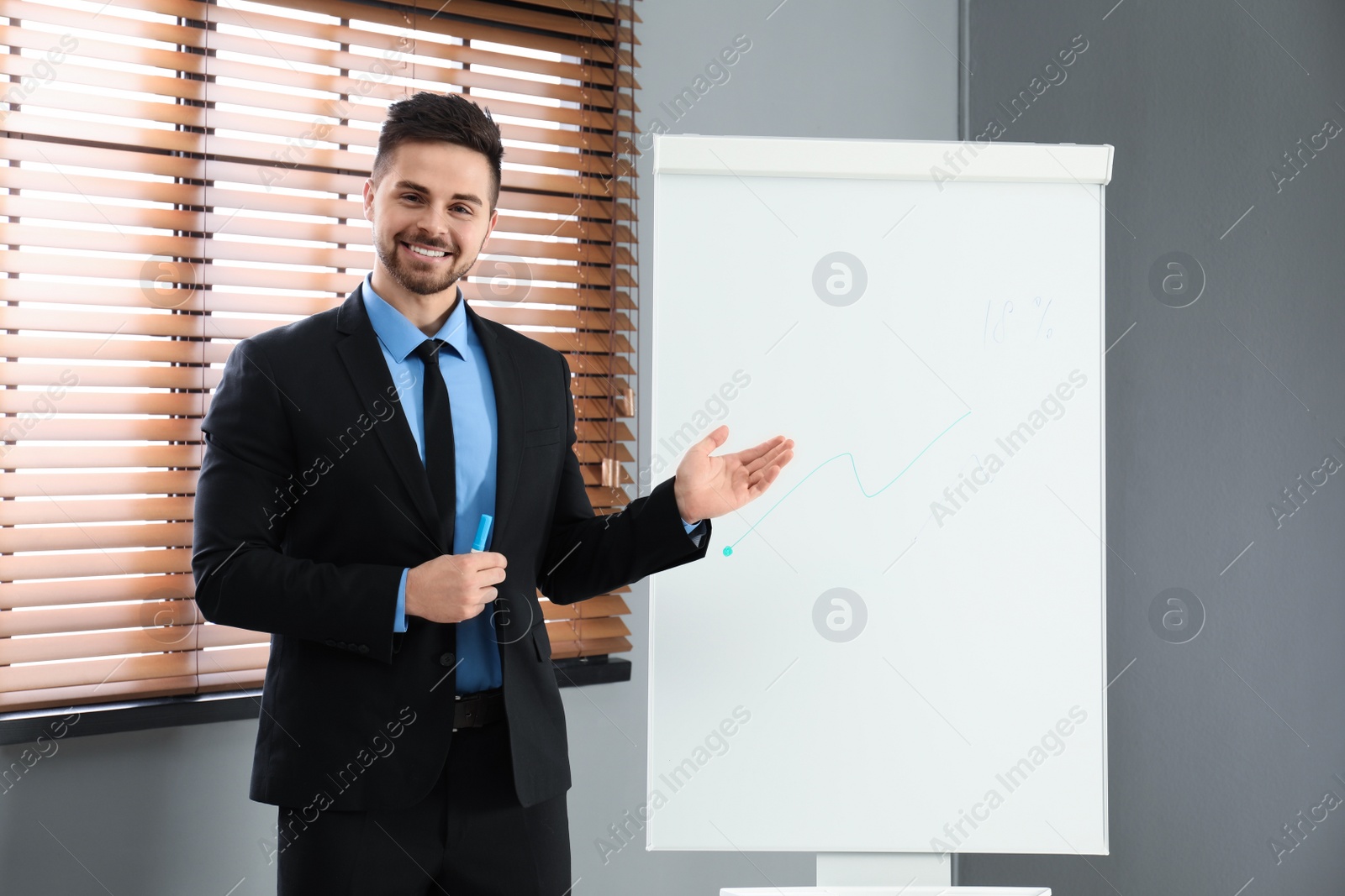 Photo of Professional business trainer near flip chart in office