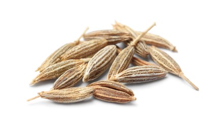 Photo of Heap of aromatic caraway (Persian cumin) seeds isolated on white