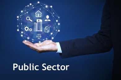 Image of Public Sector concept. Man presenting different virtual icons on blue background, closeup