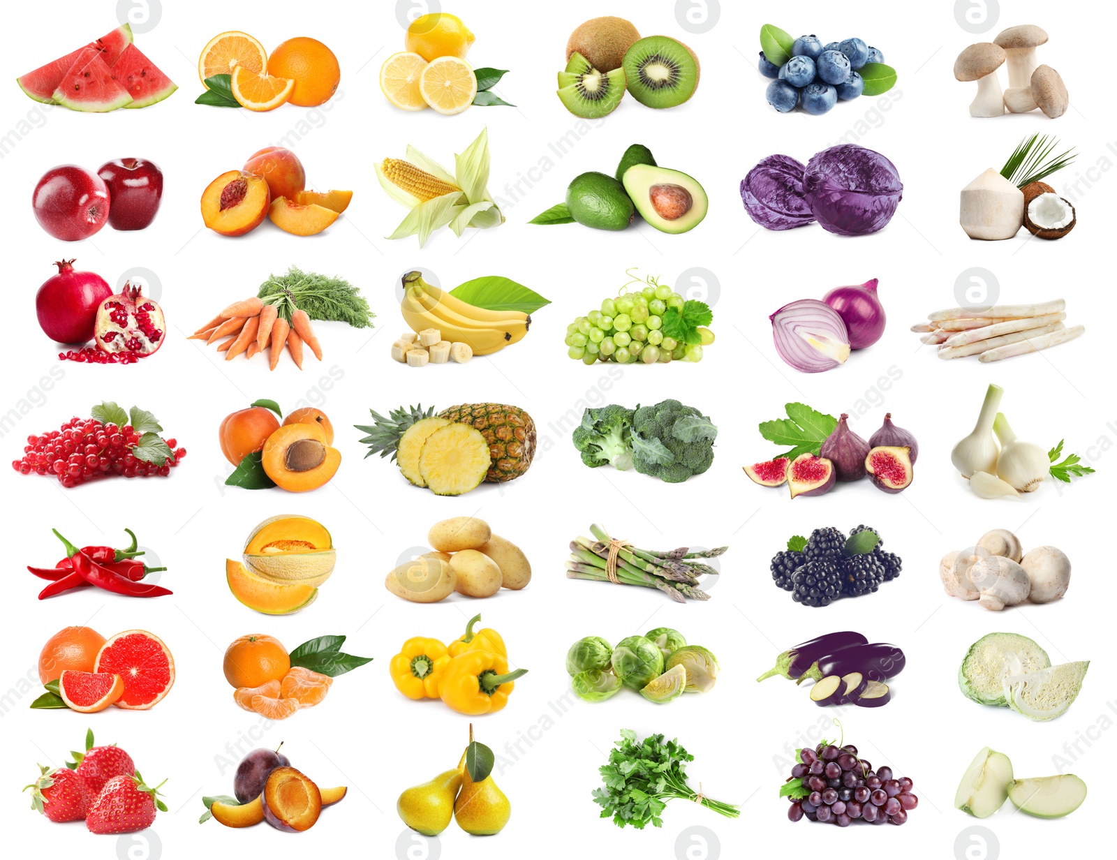 Image of Assortment of organic fresh fruits and vegetables on white background