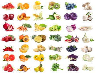 Assortment of organic fresh fruits and vegetables on white background