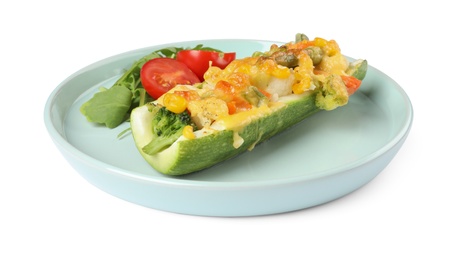 Photo of Plate of baked stuffed zucchini on white background