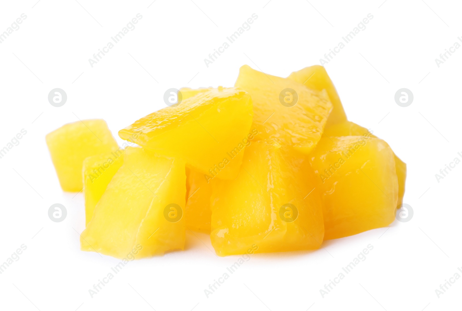 Photo of Fresh juicy mango cubes on white background