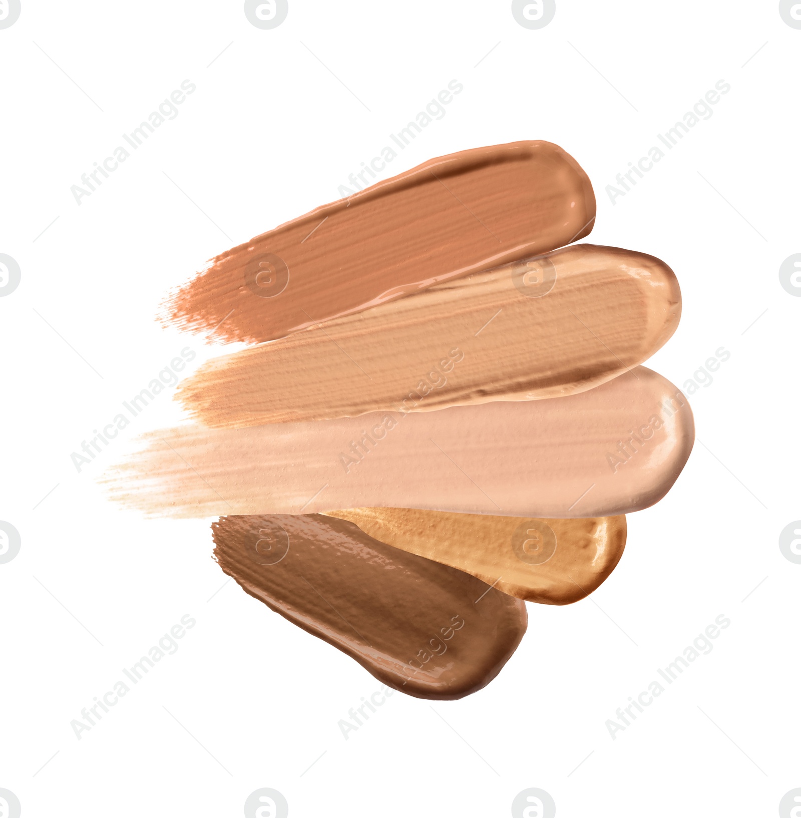 Image of Different shades of liquid skin foundation on white background, top view