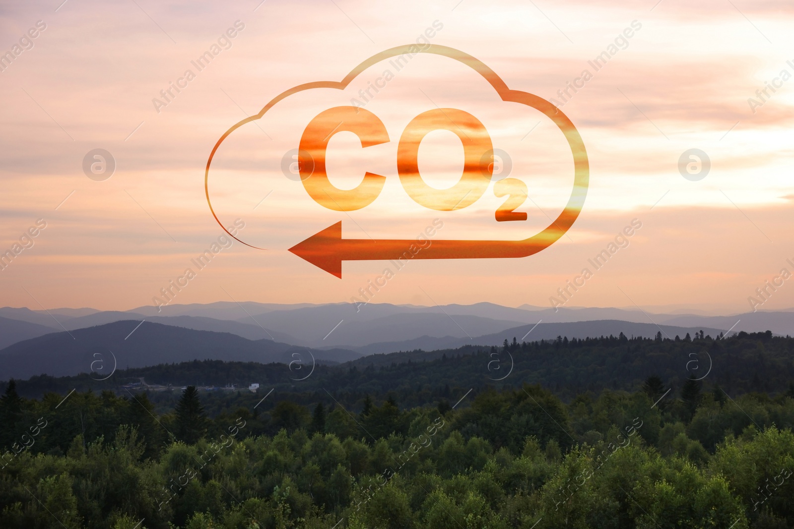 Image of Concept of clear air. CO2 inscription in illustration of cloud with arrow and beautiful mountain landscape